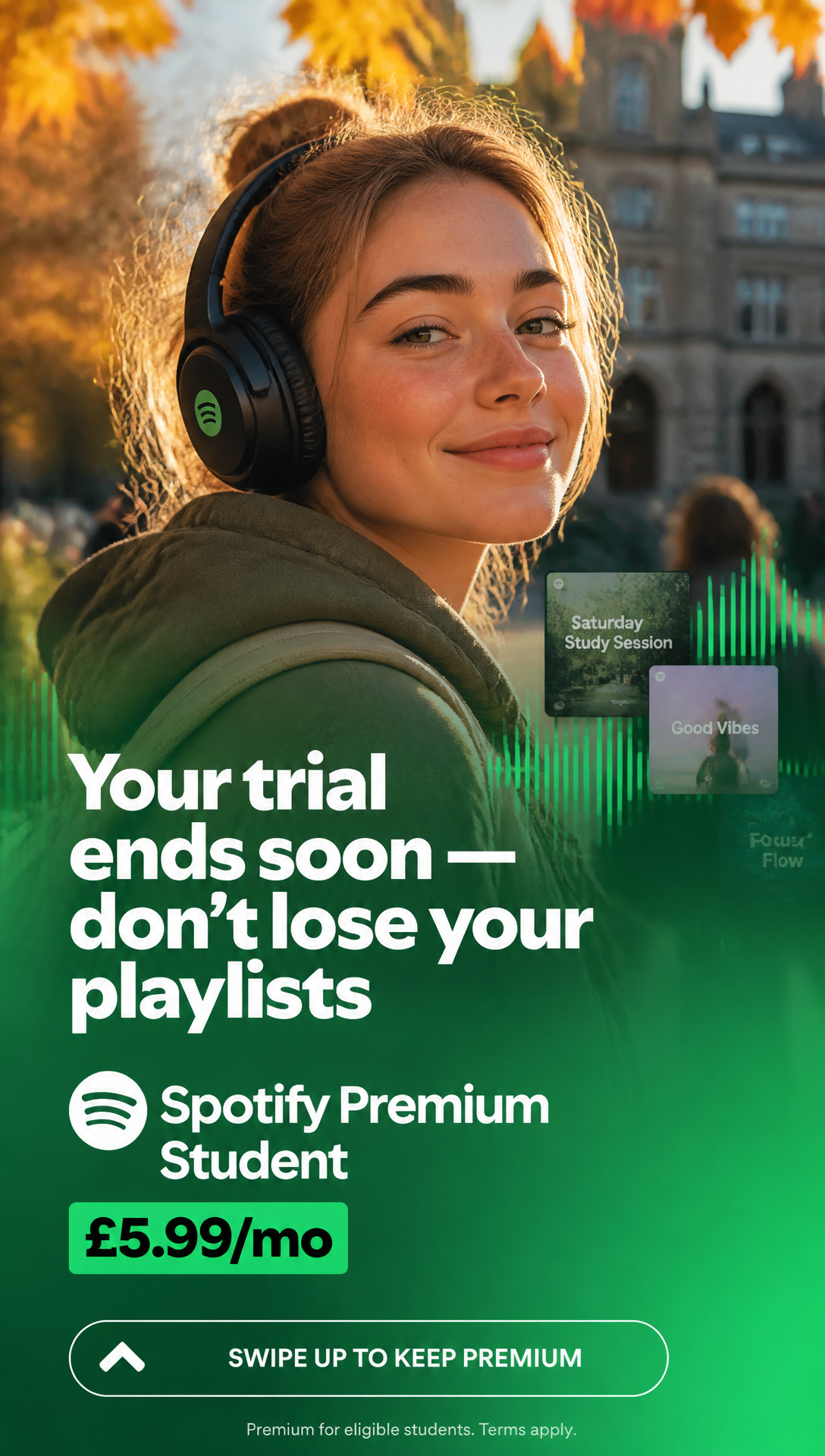 Meta Story ad: Spotify Premium Student trial ending reminder