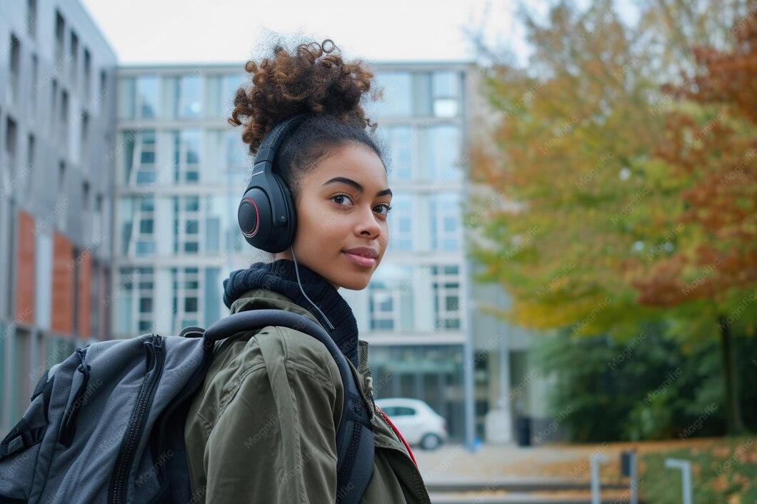 Student with headphones on campus