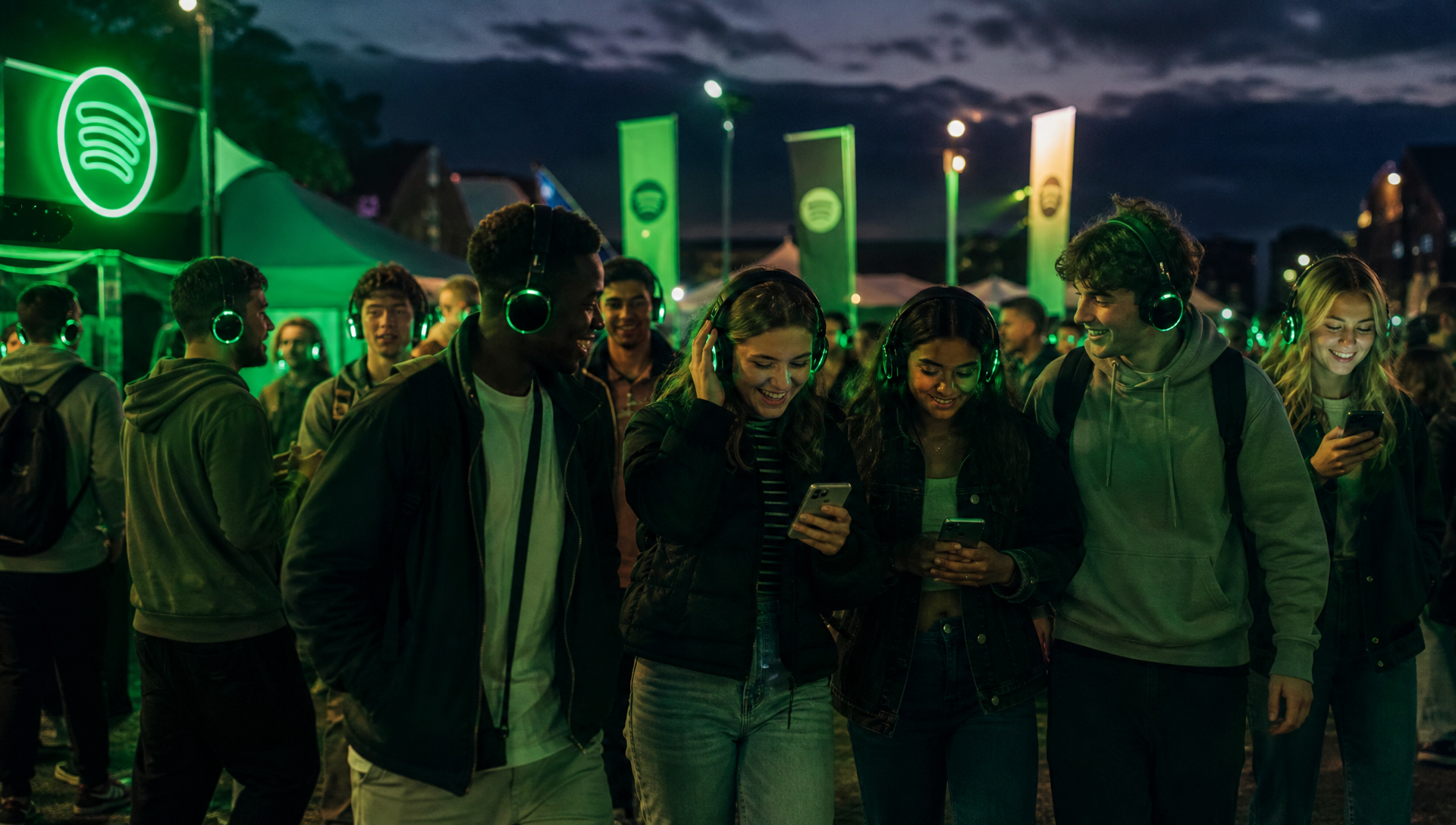 Student walking through a university freshers' week night event with green neon lights and Spotify playlist banners