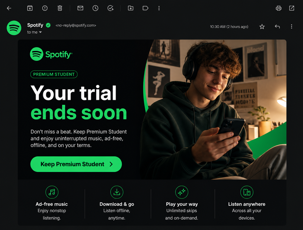 Trial-ending reminder email mockup for Spotify Premium Student
