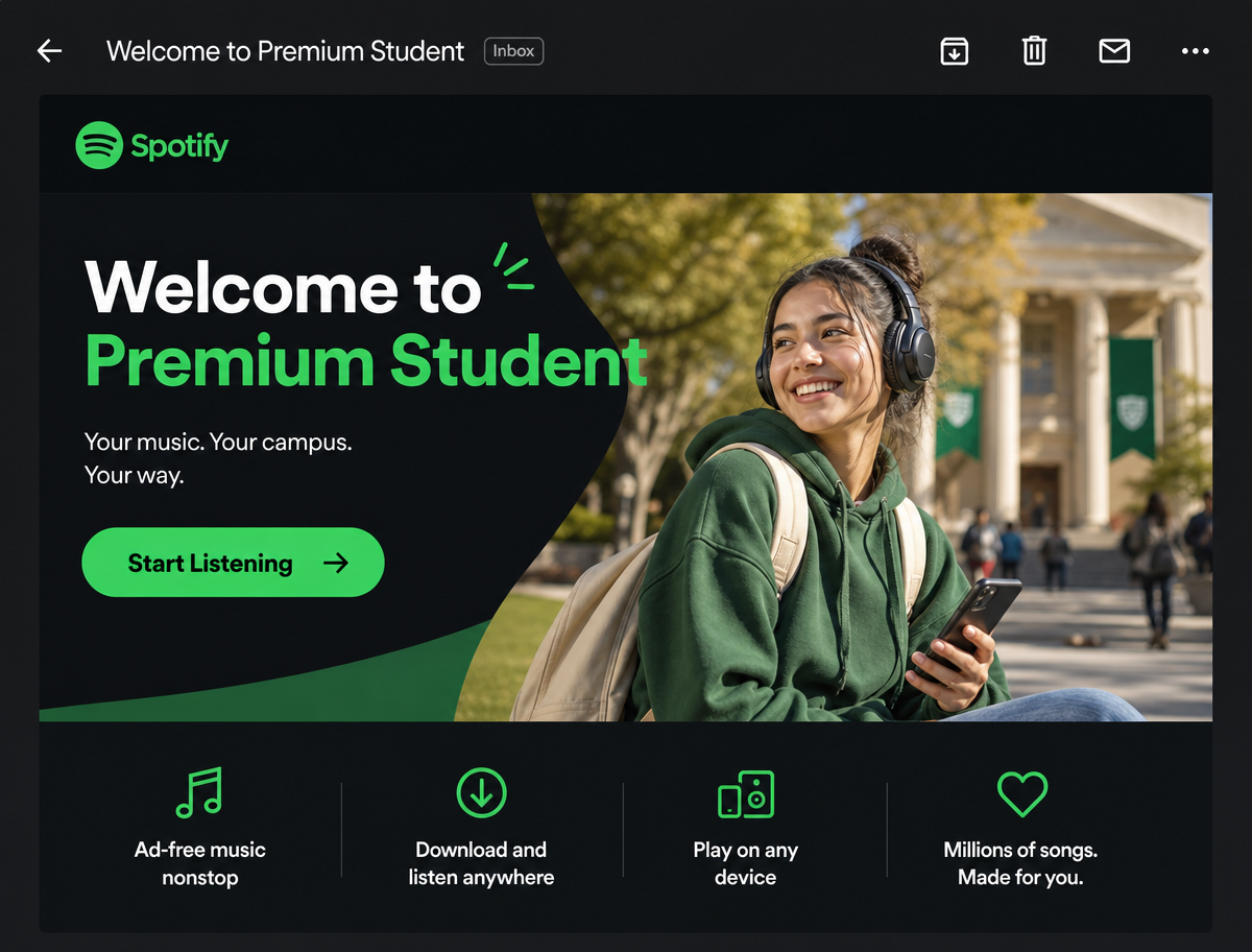 Welcome email mockup for Spotify Premium Student