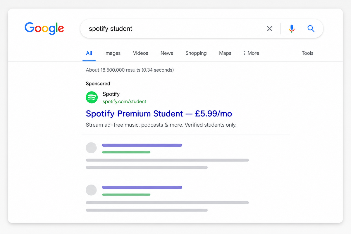 Google Search Ad for Spotify Premium Student — £5.99/mo